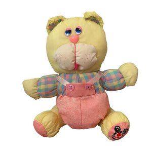 VTG Pastel Bear Plush Nylon Stuffed Animal Pink Overalls Gingham Yellow Kawaii